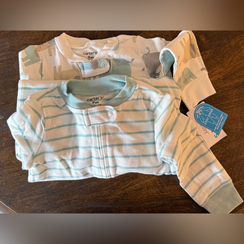 2-Pack Striped Elephant 2-Way Zip Cotton Sleep & Play Pajamas - teal/white